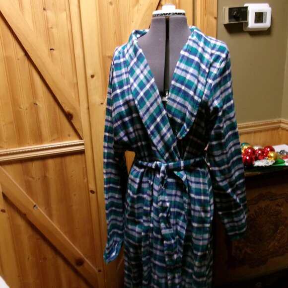 LADIES DREAM CO LONG AQUA PLAID ROBE FLANNEL LONG 1 X - Picture 3 of 6